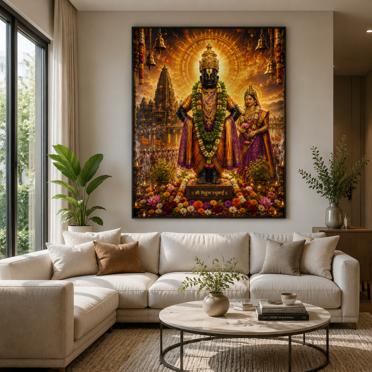 Vitthal Rukmini wall art framed in a warm domestic living room, the jewel-tone orange and purple palette glowing above a pale sectional sofa
