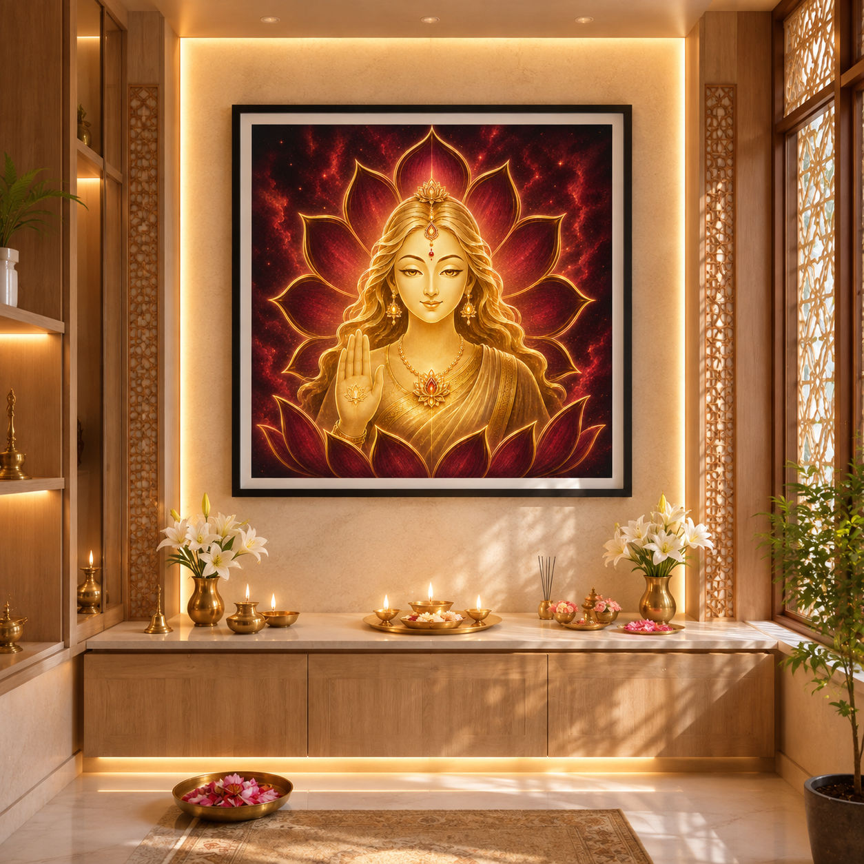 Lakshmi minimalist gold line art framed above a home puja altar with brass lamps and flowers
