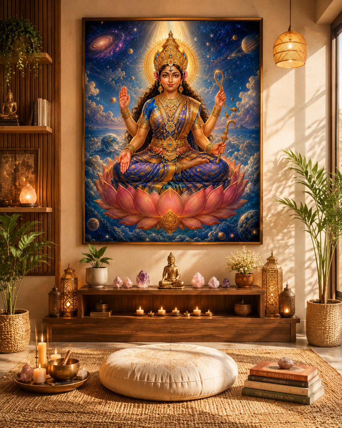 Maa Bhuvaneshvari wall art displayed in a meditation room and dedicated practice space, framed above a candlelit altar with crystals, singing bowl and floor cushion