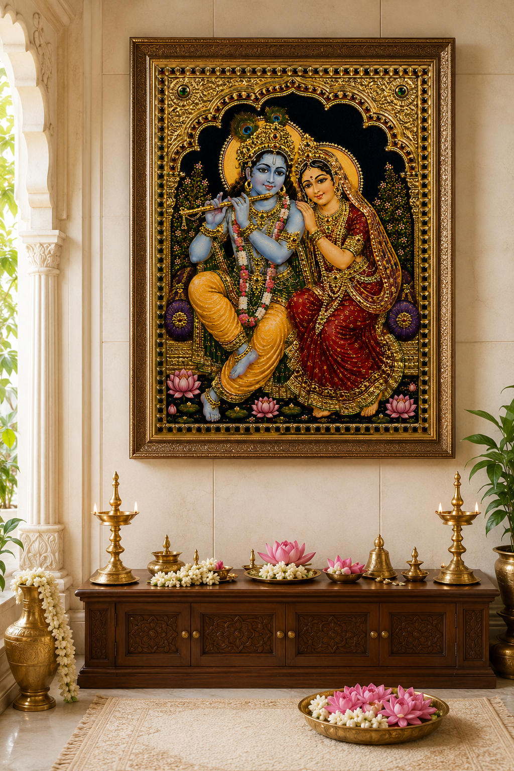 Radha Krishna Tanjore wall art printed and framed in a Vaishnava Krishna bhakti puja room above a carved wooden altar with brass lamps and lotus offerings