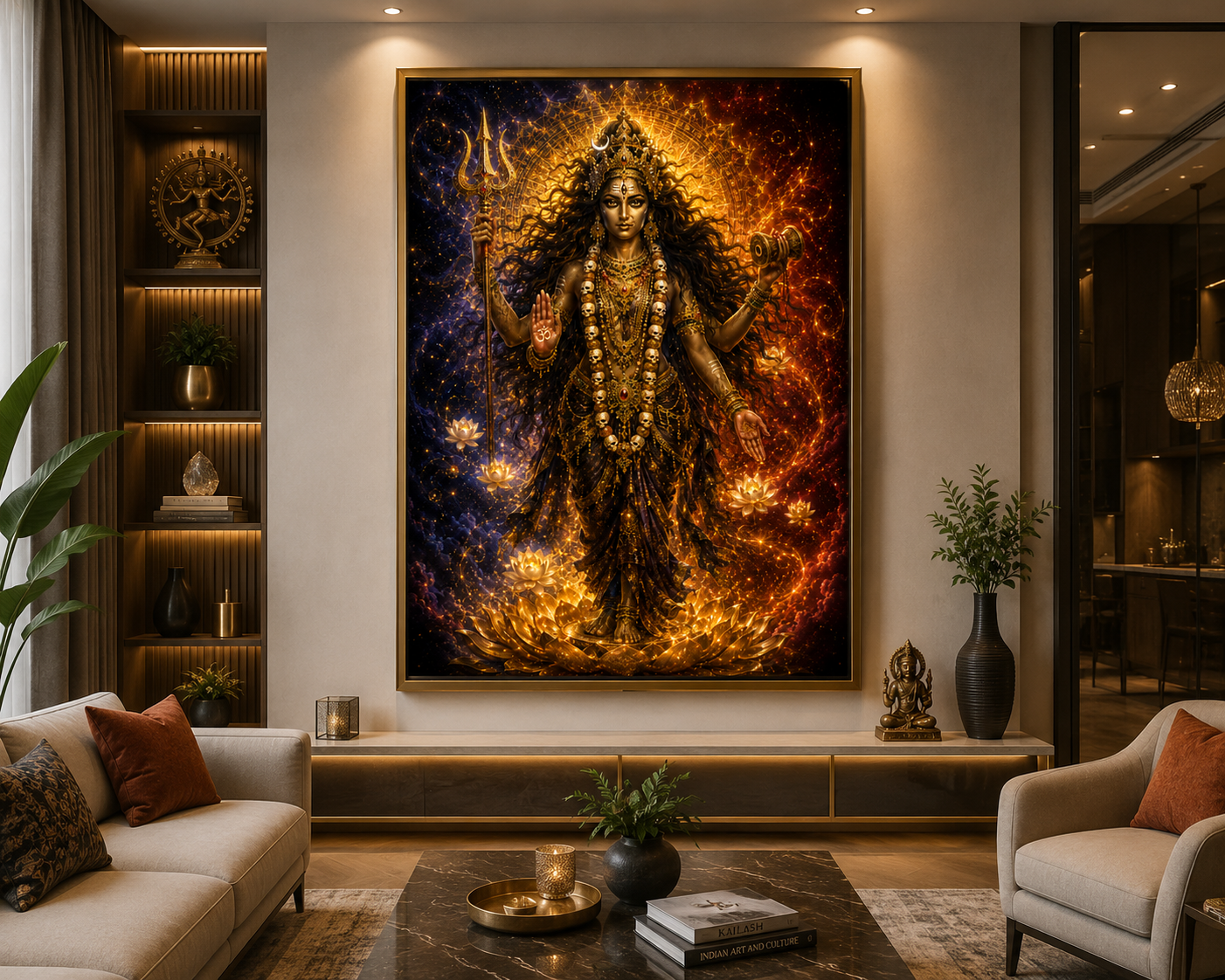 Chamunda Devi wall art framed on a modern living room wall above a sofa, the split cosmic palette anchoring the room