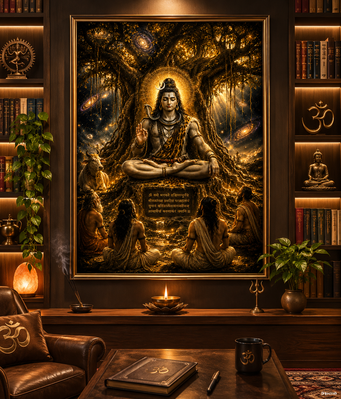 Dakshinamurti Shiva wall art displayed in a warm wood-panelled study and library, framed above a shelf with a lit diya, incense and sacred texts