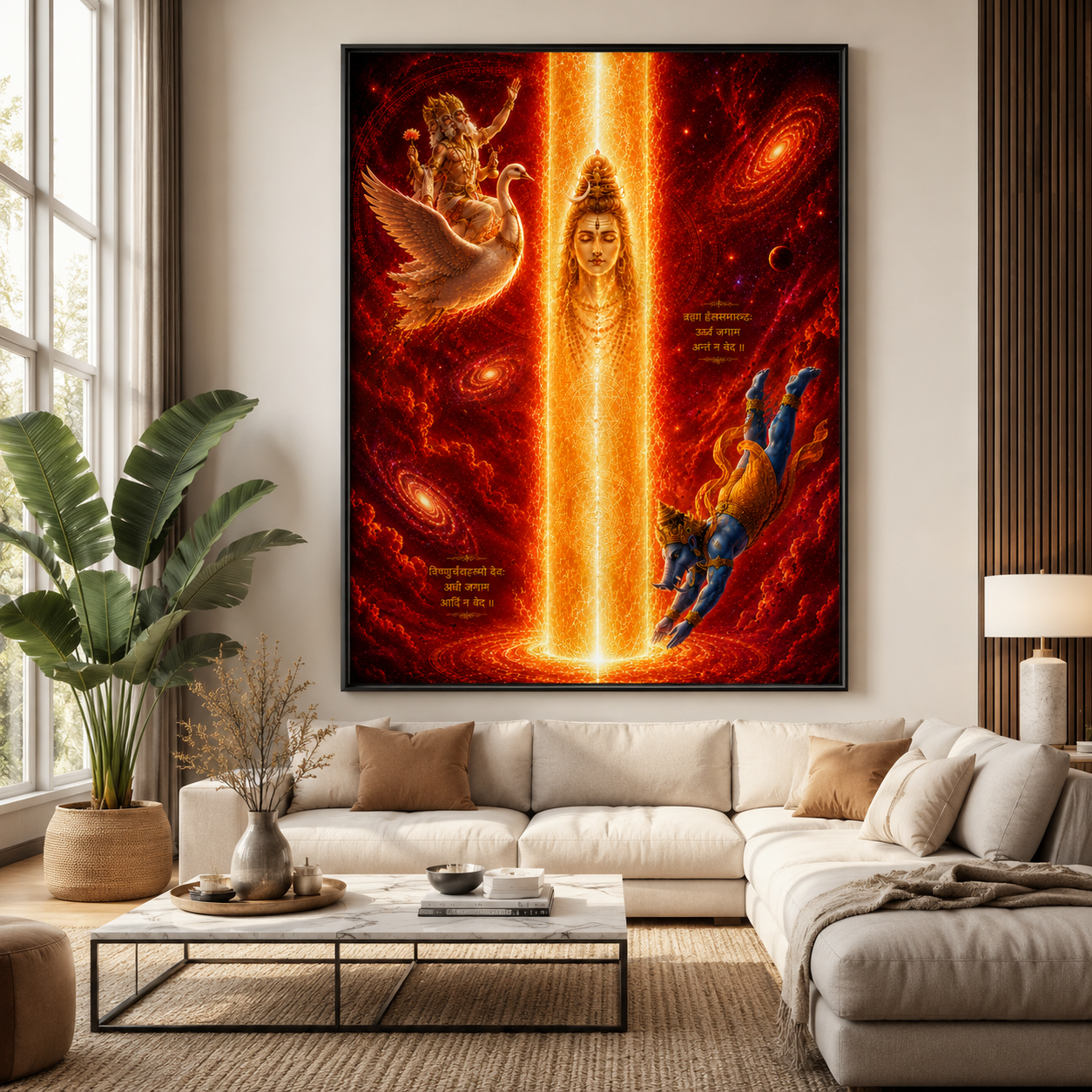 Lingodbhava Shiva wall art framed in a modern living room, the fiery cosmic palette making a striking devotional statement above a pale sectional sofa