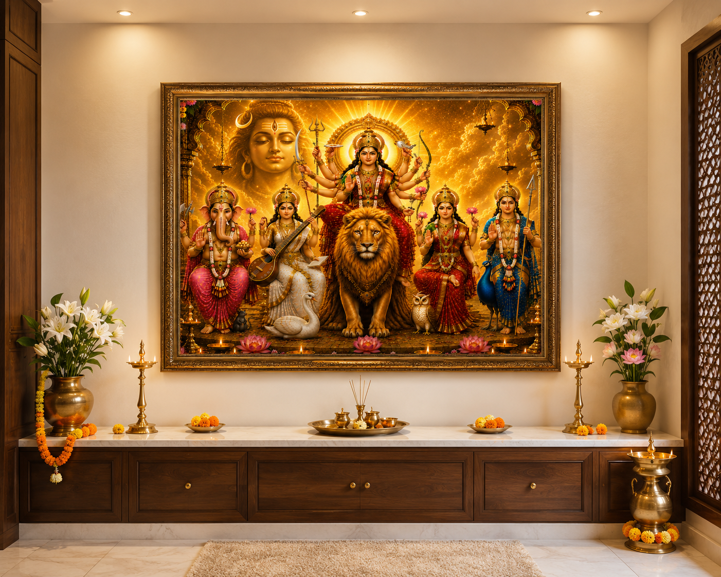 Durga divine family wall art printed and framed above a wooden puja console with brass lamps, marigolds and puja vessels in a Bengali household puja room
