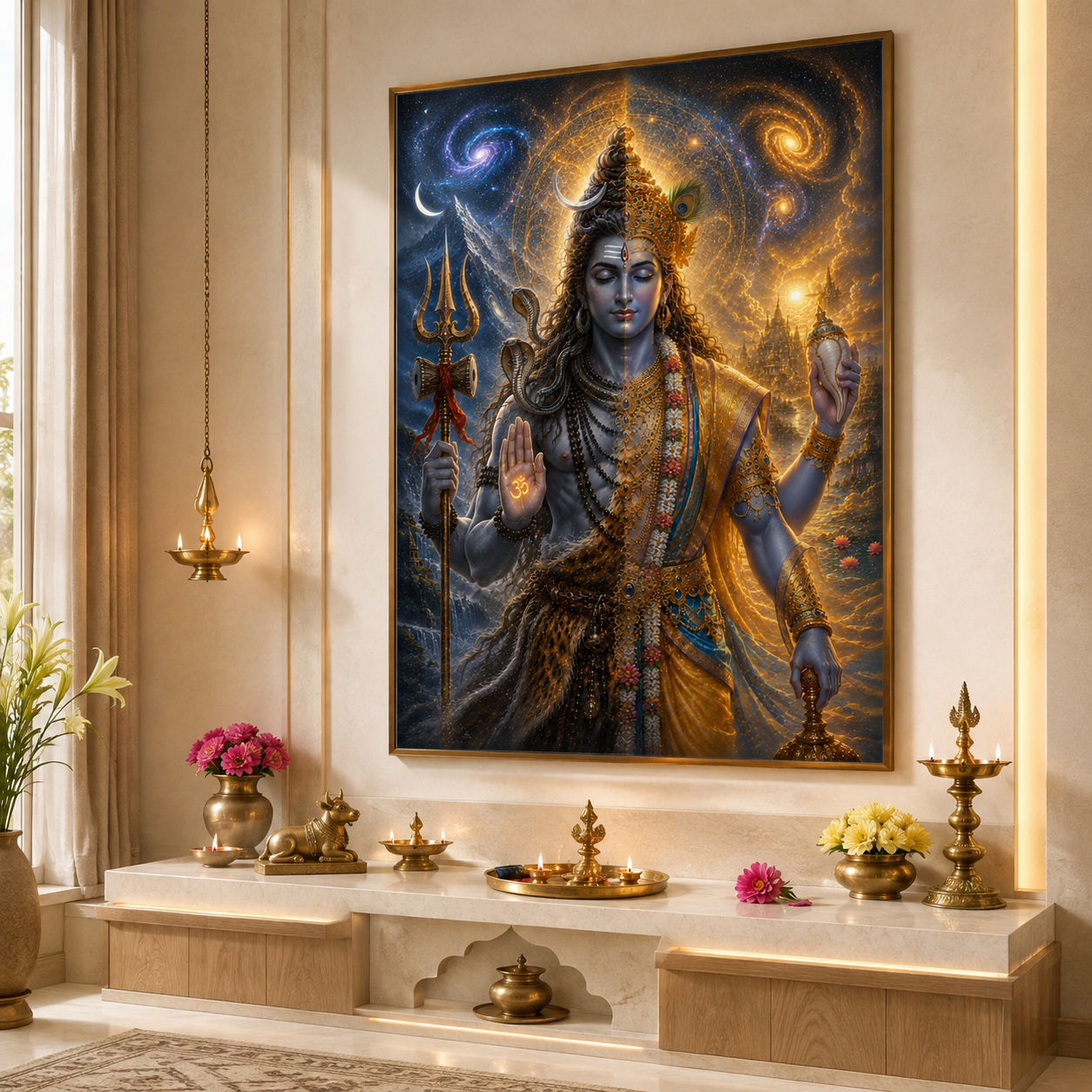 Harihara wall art printed and framed in a puja room that honours both Shiva and Vishnu, hung above a marble altar with brass lamps, Nandi and flowers