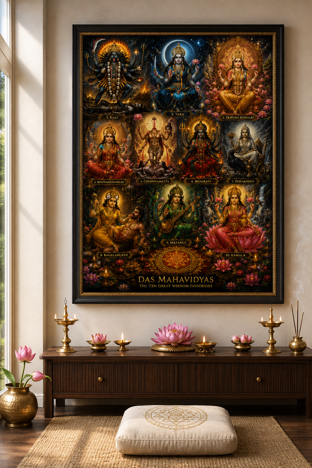 Dasha Mahavidya wall art framed as the primary altar image in a complete Mahavidya practice space, above a wooden altar bench with brass lamps, lotus offerings and a meditation cushion