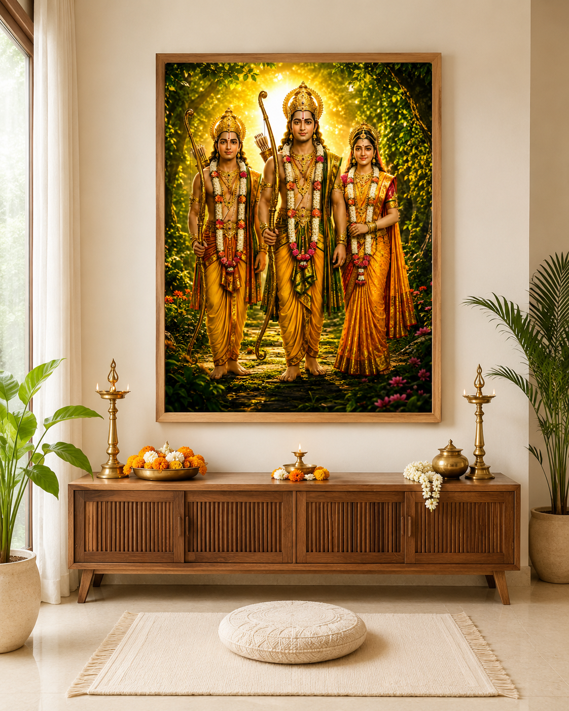 Ram Sita Lakshmana wall art printed and framed in a home puja room above a wooden altar with brass lamps and marigold offerings