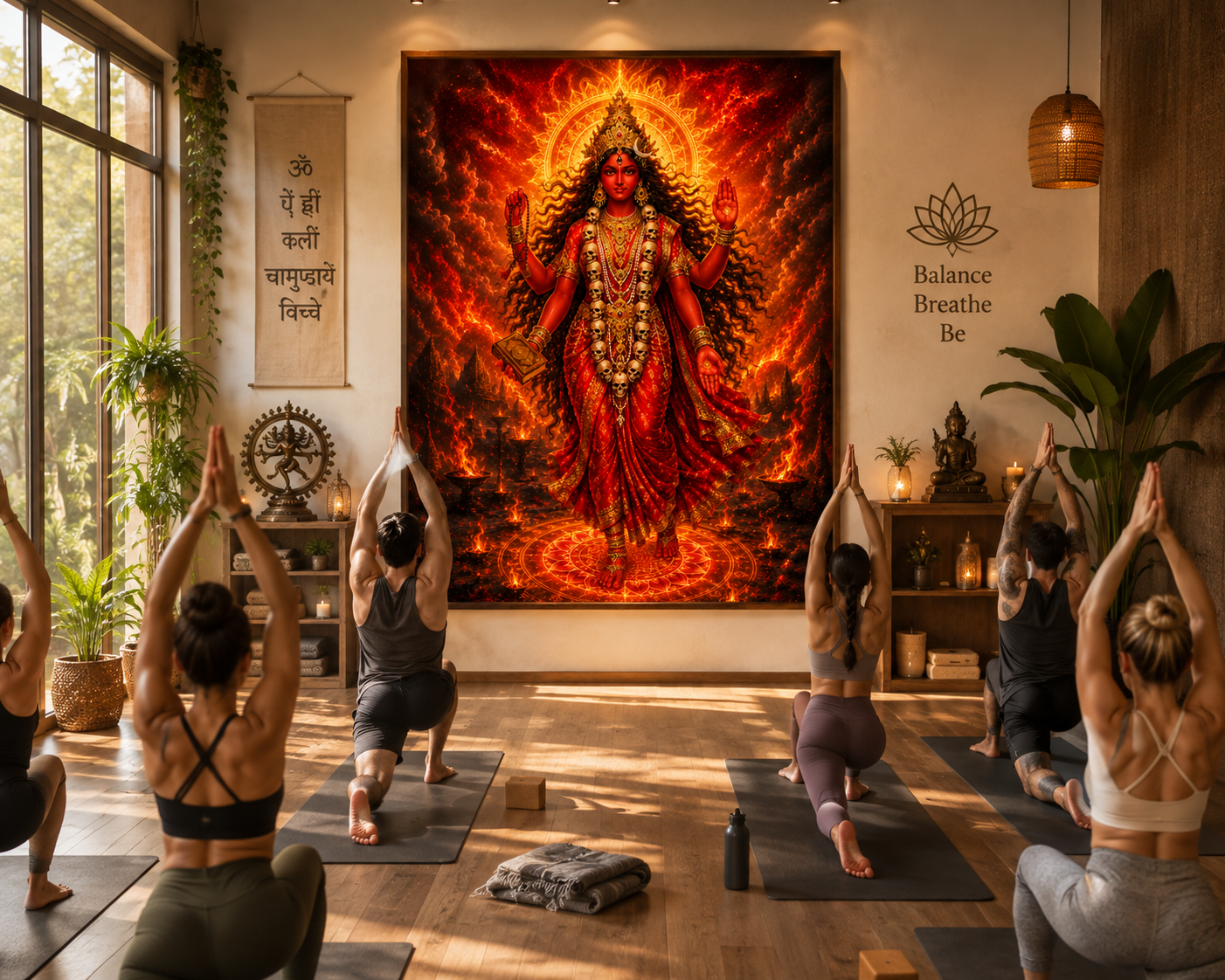 Maa Bhairavi wall art displayed in a yoga studio, the fiery red and gold palette blazing against a warm interior wall above a class in practice