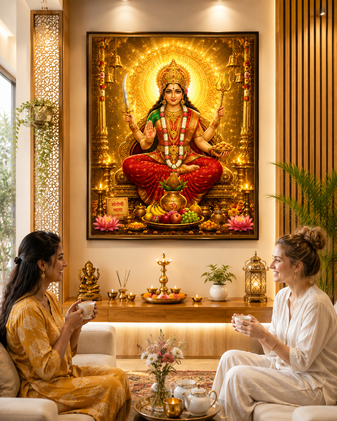 Santoshi Ma wall art displayed in a warm modern living room, framed above a wooden altar console with brass lamps and flowers