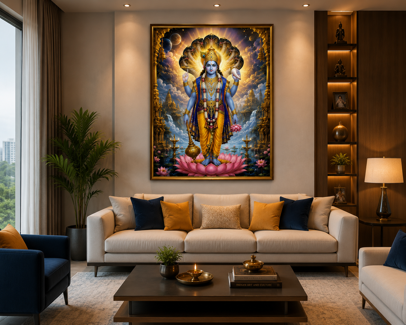 Lord Vishnu sacred wall art displayed in a warmly lit living room, gold-framed above a sofa