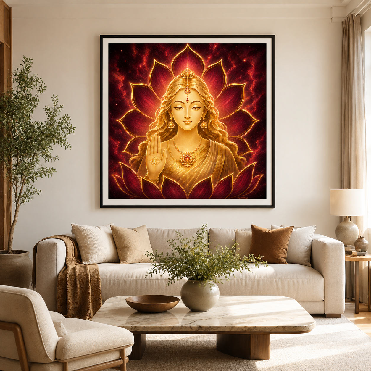 Lakshmi minimalist gold line art in a dark frame above a sofa in a sunlit contemporary living room