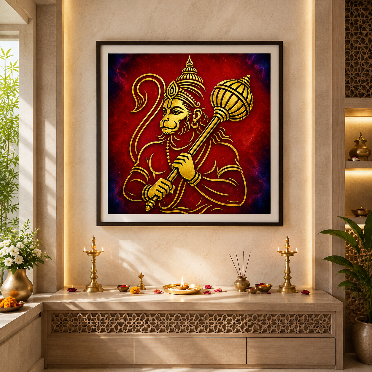 Hanuman minimalist gold line art framed above a home puja altar with brass lamps and flowers