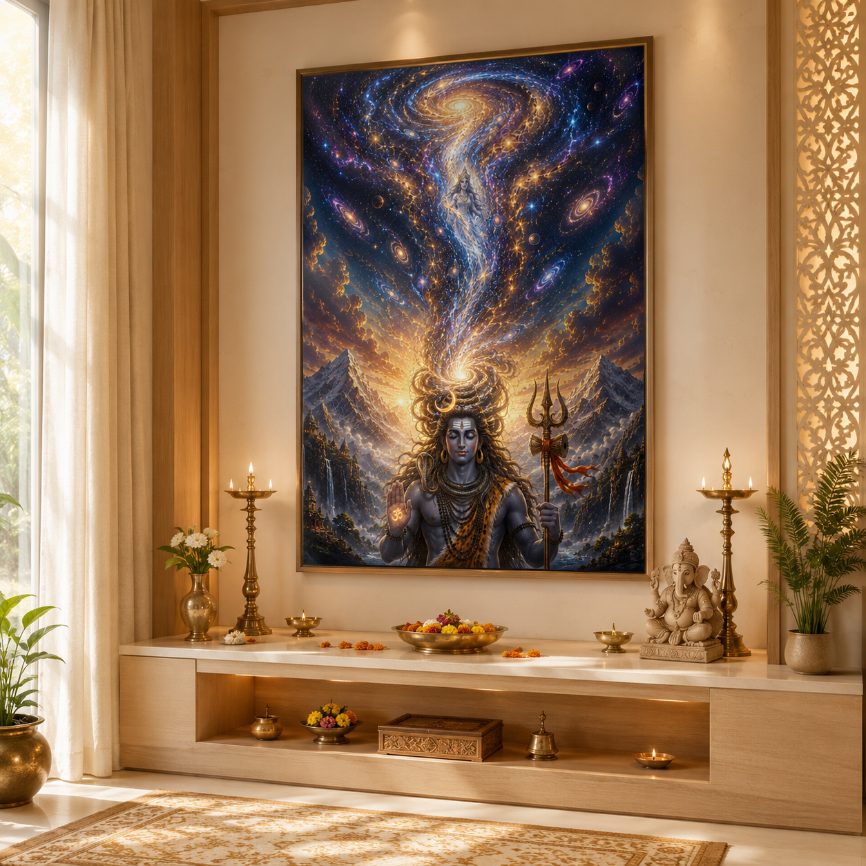 Shiva Ganga wall art printed and framed in a Shaiva puja room above a light wood altar with tall brass lamps, flowers and lit diyas