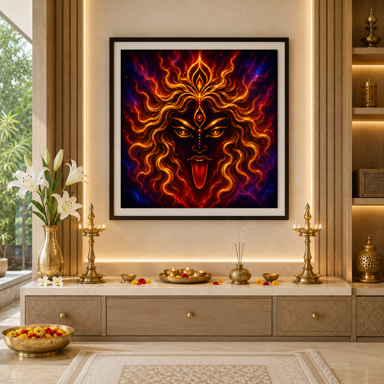 Maa Kali minimalist gold line art framed above a home puja altar with brass lamps and flowers