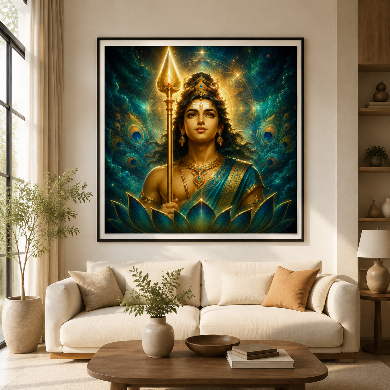 Kartikeya Murugan minimalist gold line art in a dark frame above a sofa in a sunlit contemporary living room