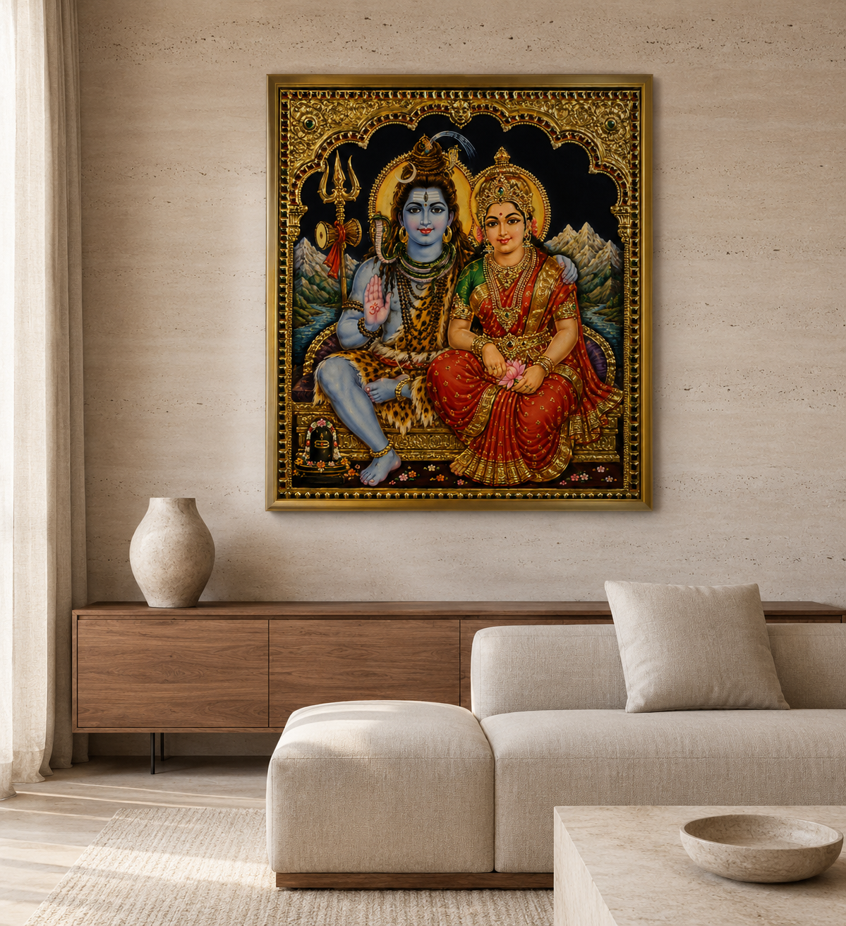 Shiva Parvati Tanjore wall art framed as the centrepiece of a calm modern bedroom, its black and gold Tanjore palette anchoring the room