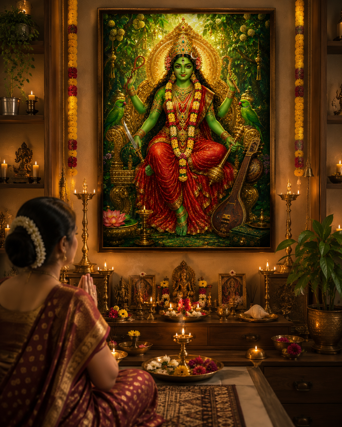 Maa Matangi wall art displayed in a dedicated Mahavidya altar and home practice space, framed above a lamp-lit shrine with diyas and marigold garlands