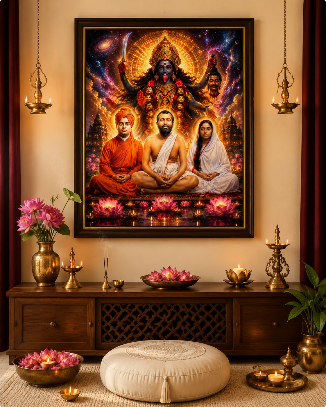 Kali with Ramakrishna, Vivekananda and Sarada Devi wall art printed and framed as the primary devotional image in a Ramakrishna Mission or Vedanta Centre, with brass lamps, lotuses and burning diyas