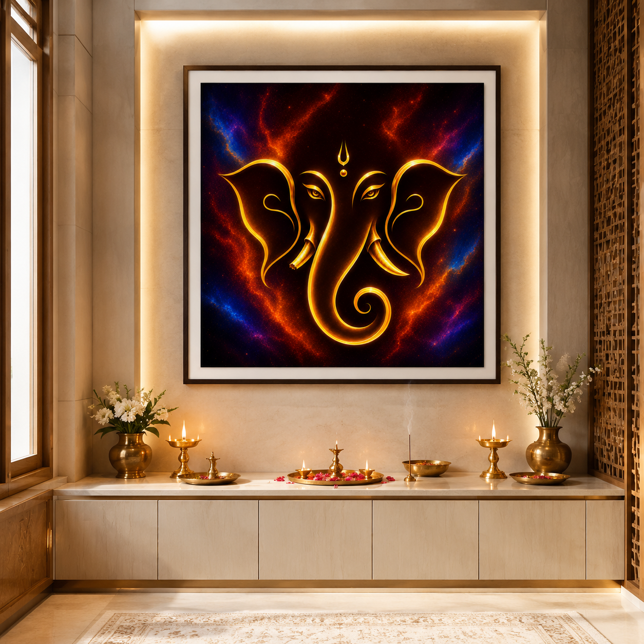 Ganesha minimalist gold line art framed above a home puja altar with brass lamps and flowers
