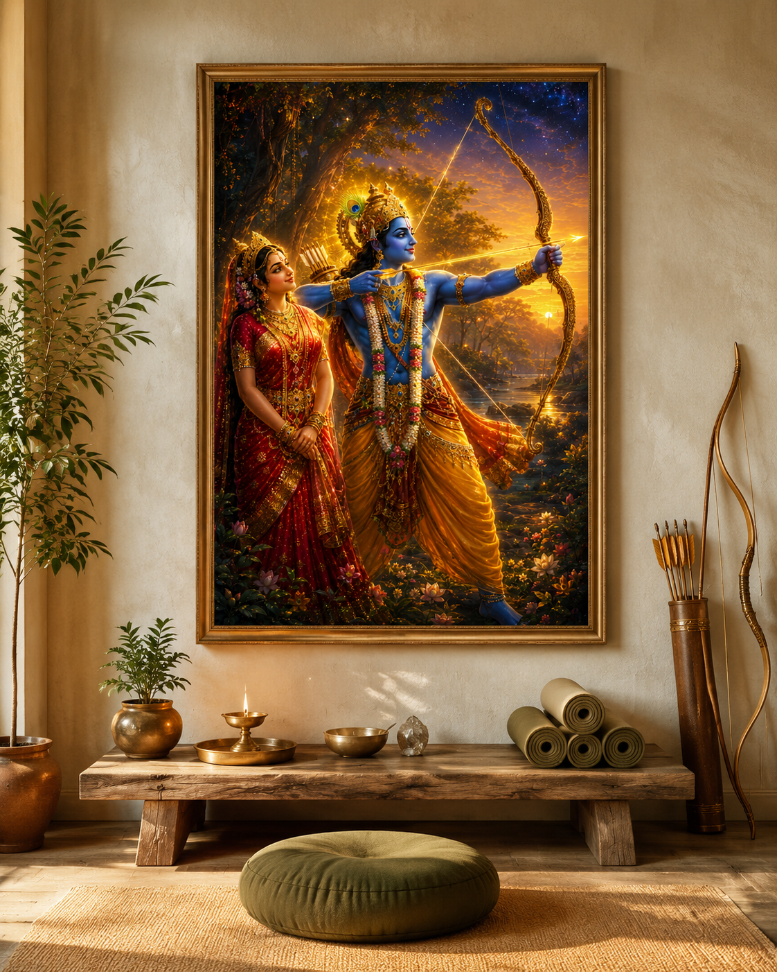 Ram Sita wall art printed and framed in a bedroom and intimate sacred space, its warm gold and crimson palette glowing above a wooden bench with brass lamps