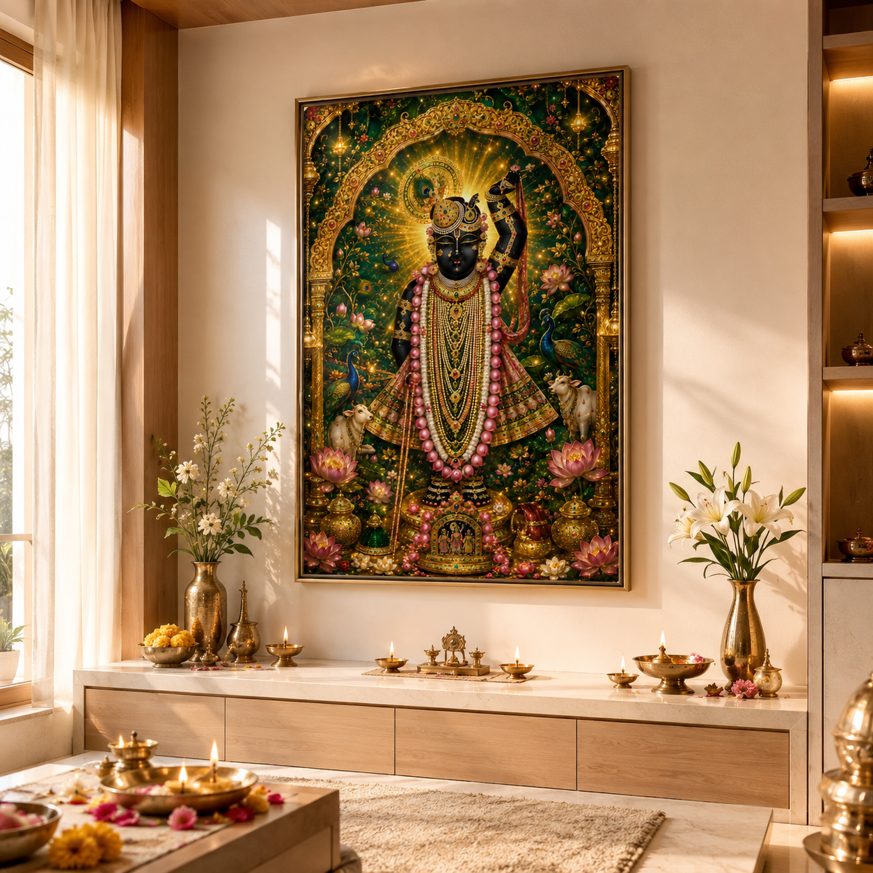 Srinathji Krishna pichwai wall art printed and framed in a Vaishnava puja room above a light wood altar with brass lamps, lit diyas and fresh flowers