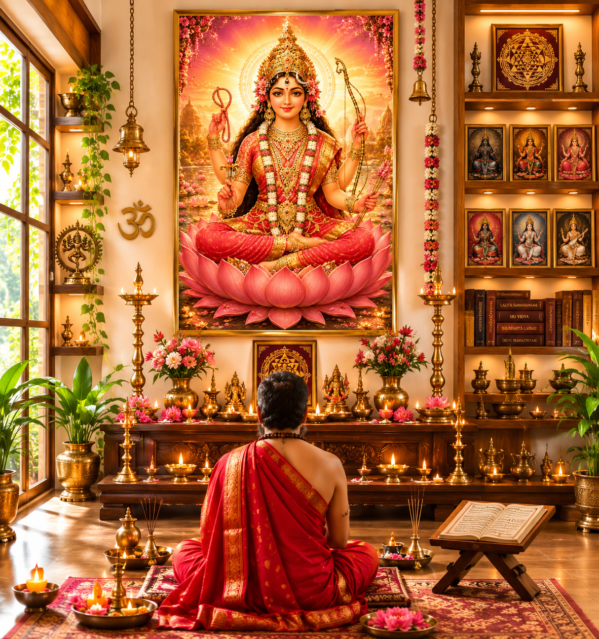 Maa Tripura Sundari wall art displayed in a refined meditation room, the golden-rose palette glowing above a wooden altar with oil lamps and a practitioner seated in worship