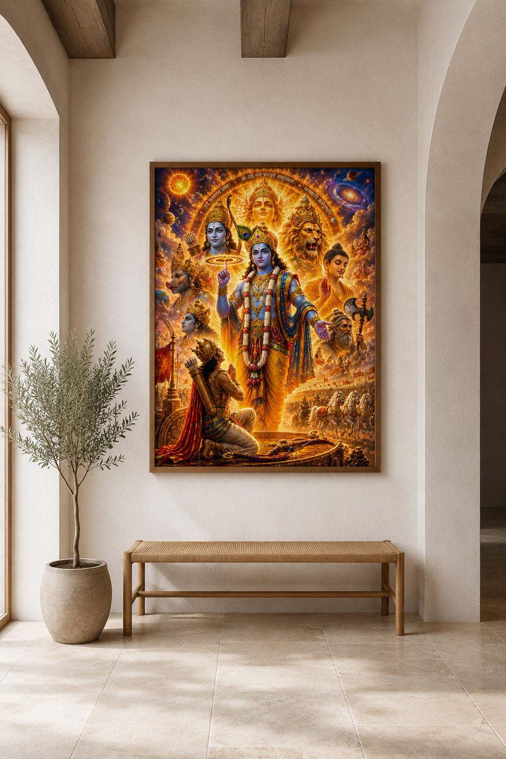 Dashavatara wall art framed as a teaching image in a yoga studio or classroom, hung above a wooden bench in a calm, light-filled space