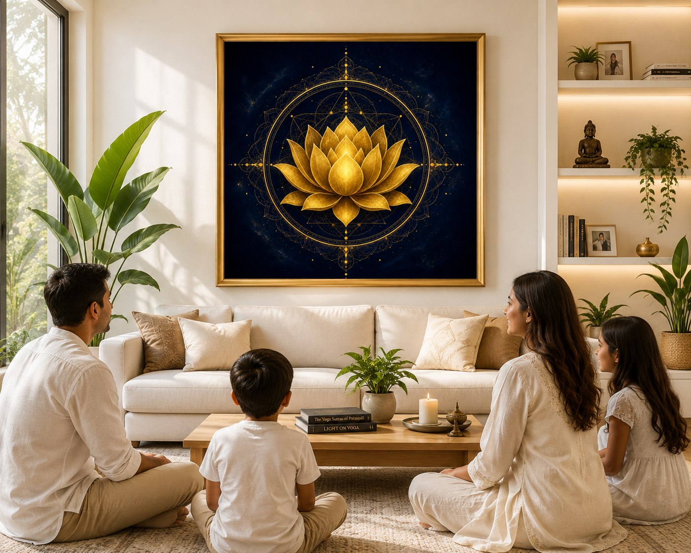 Golden Lotus Mandala wall art in a gold frame above a sofa in a family living room