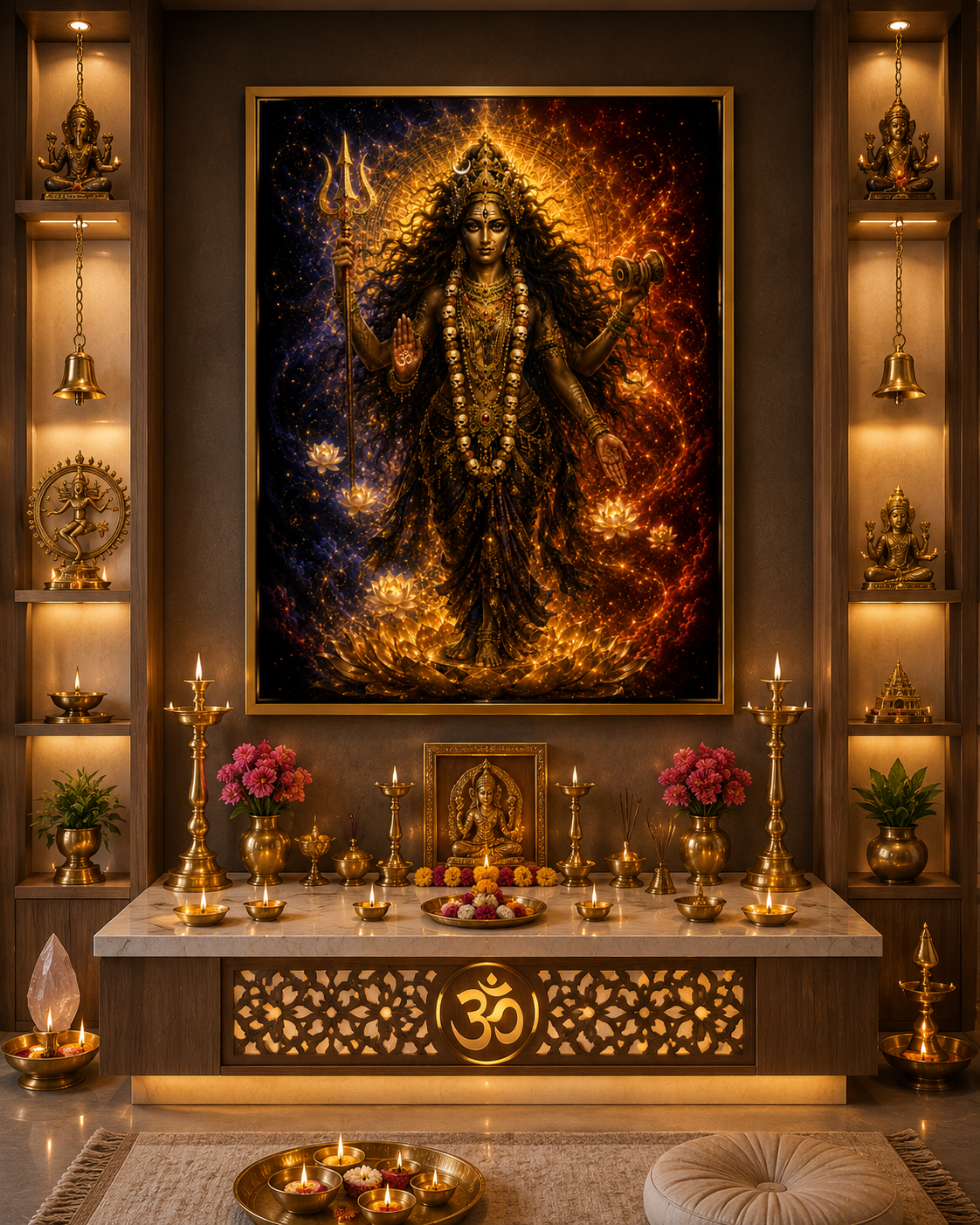 Chamunda Devi wall art framed above a dedicated home puja room altar with lamps and offerings