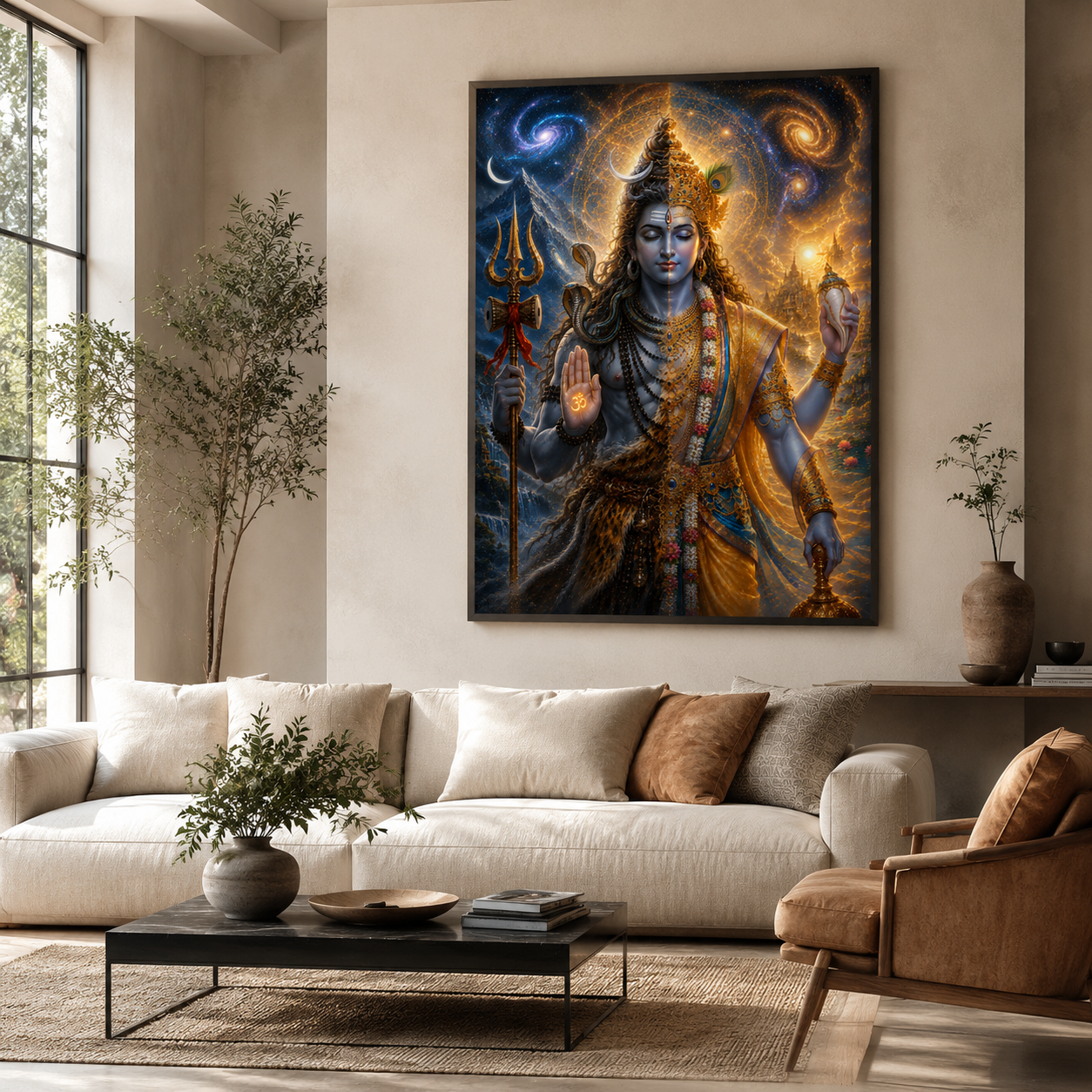 Harihara wall art framed on a living room wall, the dramatic cool moonlit blue and warm sunlit gold split palette working as a statement piece above a cream sofa