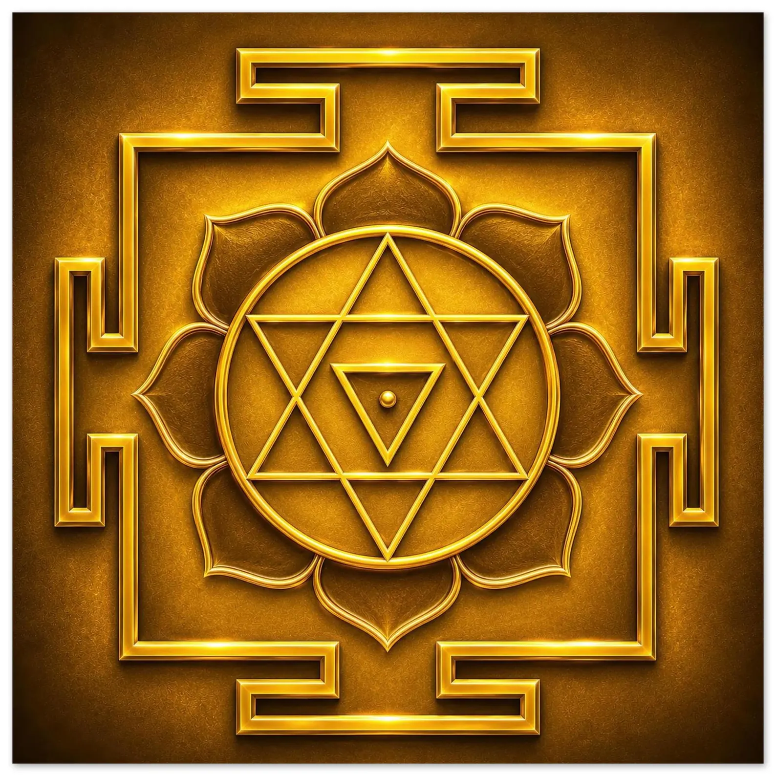 Bagalamukhi Yantra square poster print in turmeric yellow and gold
