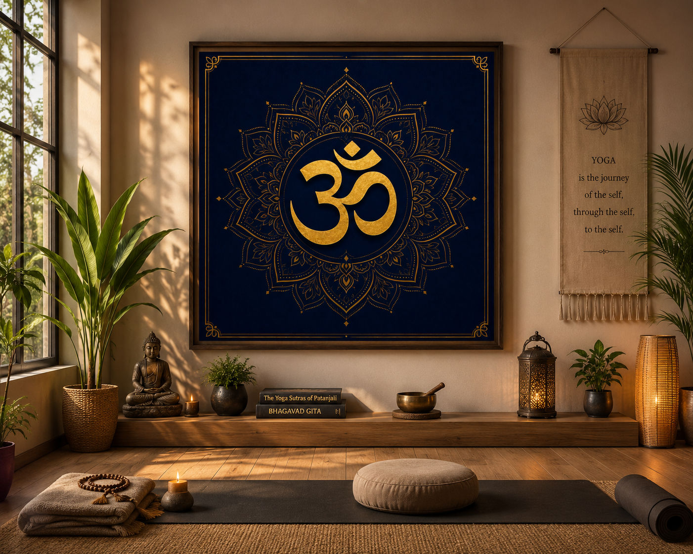 Aum Om sacred symbol wall art framed in a sunlit yoga studio above a wooden altar bench with a Buddha murti, singing bowl and meditation cushion