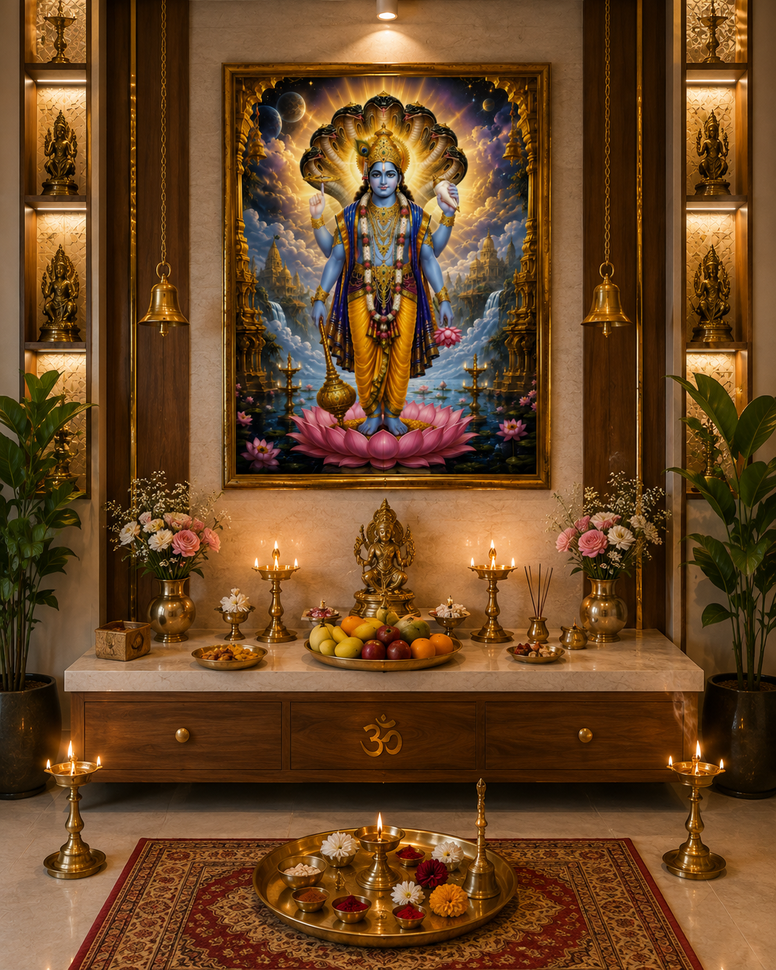 Lord Vishnu sacred wall art displayed in a home puja room, framed above a lamp-lit altar with brass diyas and flowers