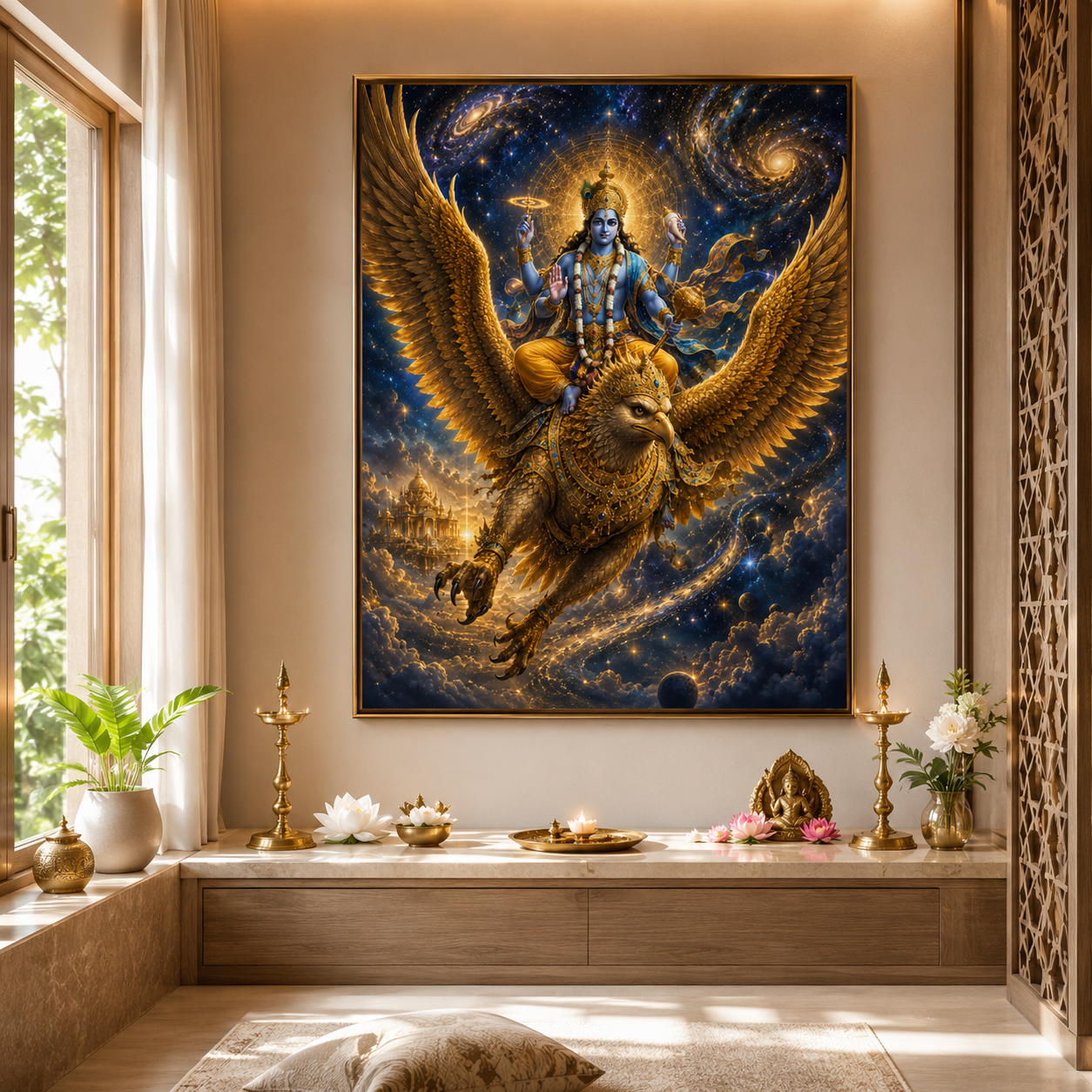 Vishnu riding Garuda wall art printed and framed in a Vaishnava puja room, hung above a stone altar with brass lamps, lotus flowers and a small brass murti