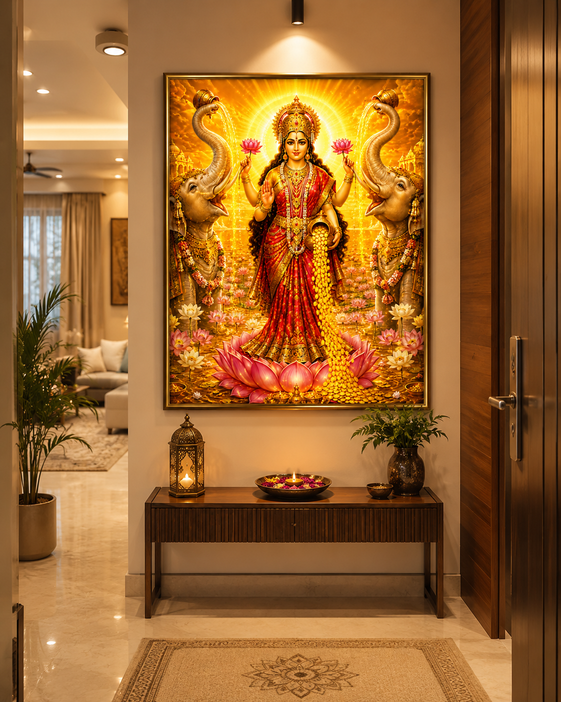Maa Lakshmi Goddess wall art displayed in a home entrance hallway, framed above a wooden console with a lamp and flower bowl