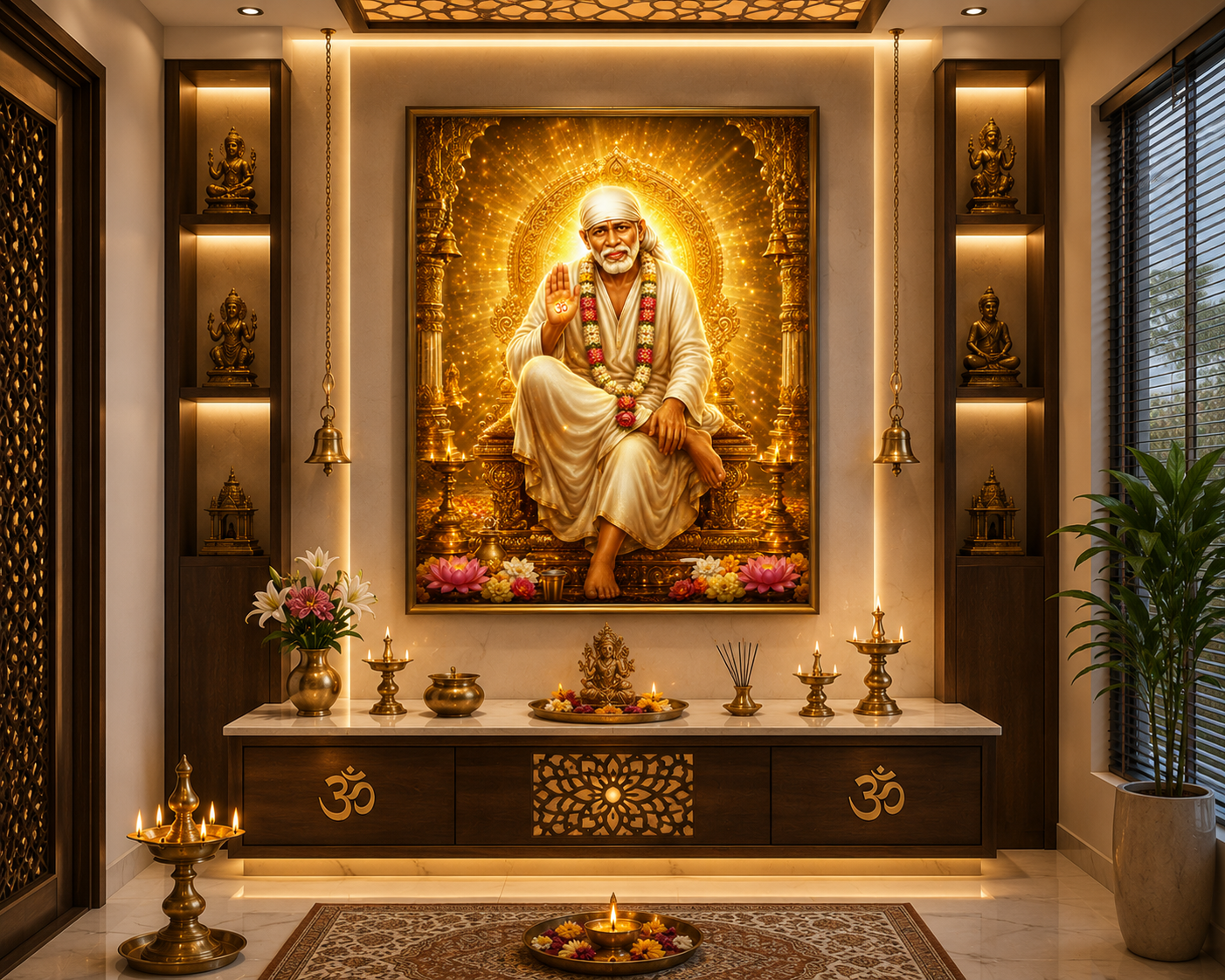 Shirdi Sai Baba wall art displayed in a home puja room, framed above a lamp-lit altar with brass diyas, bells and flowers