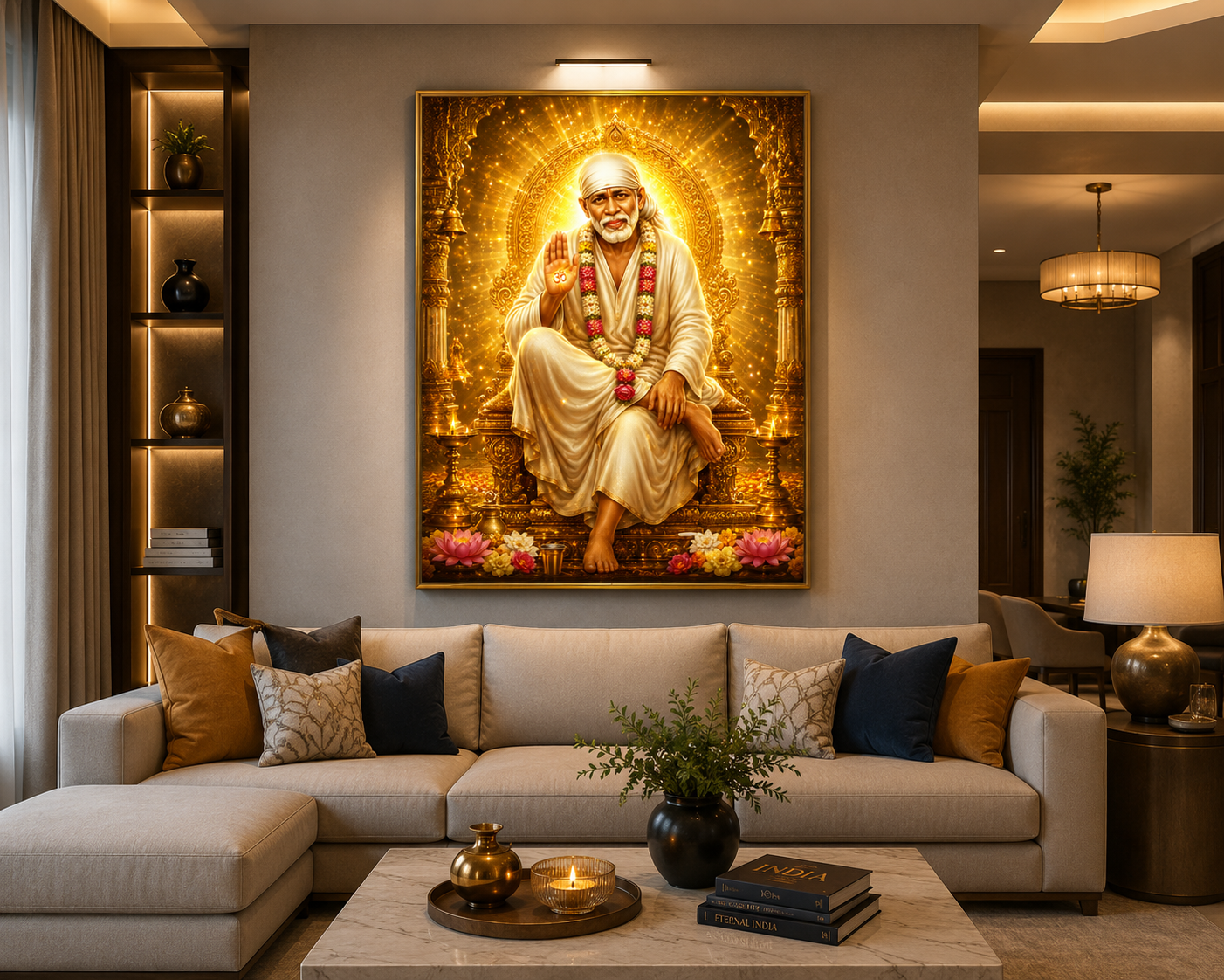 Shirdi Sai Baba wall art displayed in a warmly lit living room, framed above a neutral sofa with brass accents