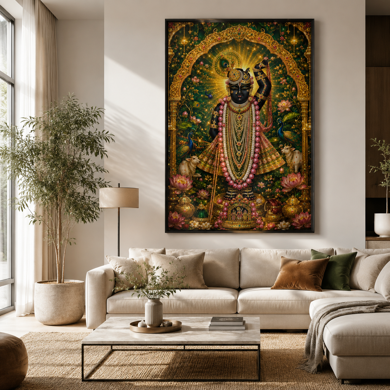 Srinathji Krishna pichwai wall art framed on a neutral wall in a warm drawing room above a cream sofa, its jewel-tone green and gold palette lit by daylight