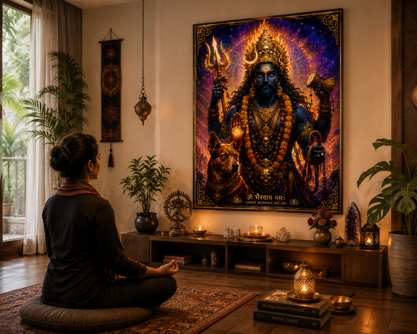 Lord Bhairava wall art displayed in a home puja room and meditation space, framed above a lamp-lit altar with diyas, crystals and brass bowls