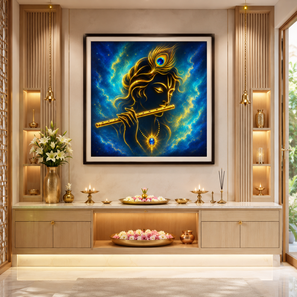 Lord Krishna minimalist gold line art framed above a home puja altar with brass lamps and flowers