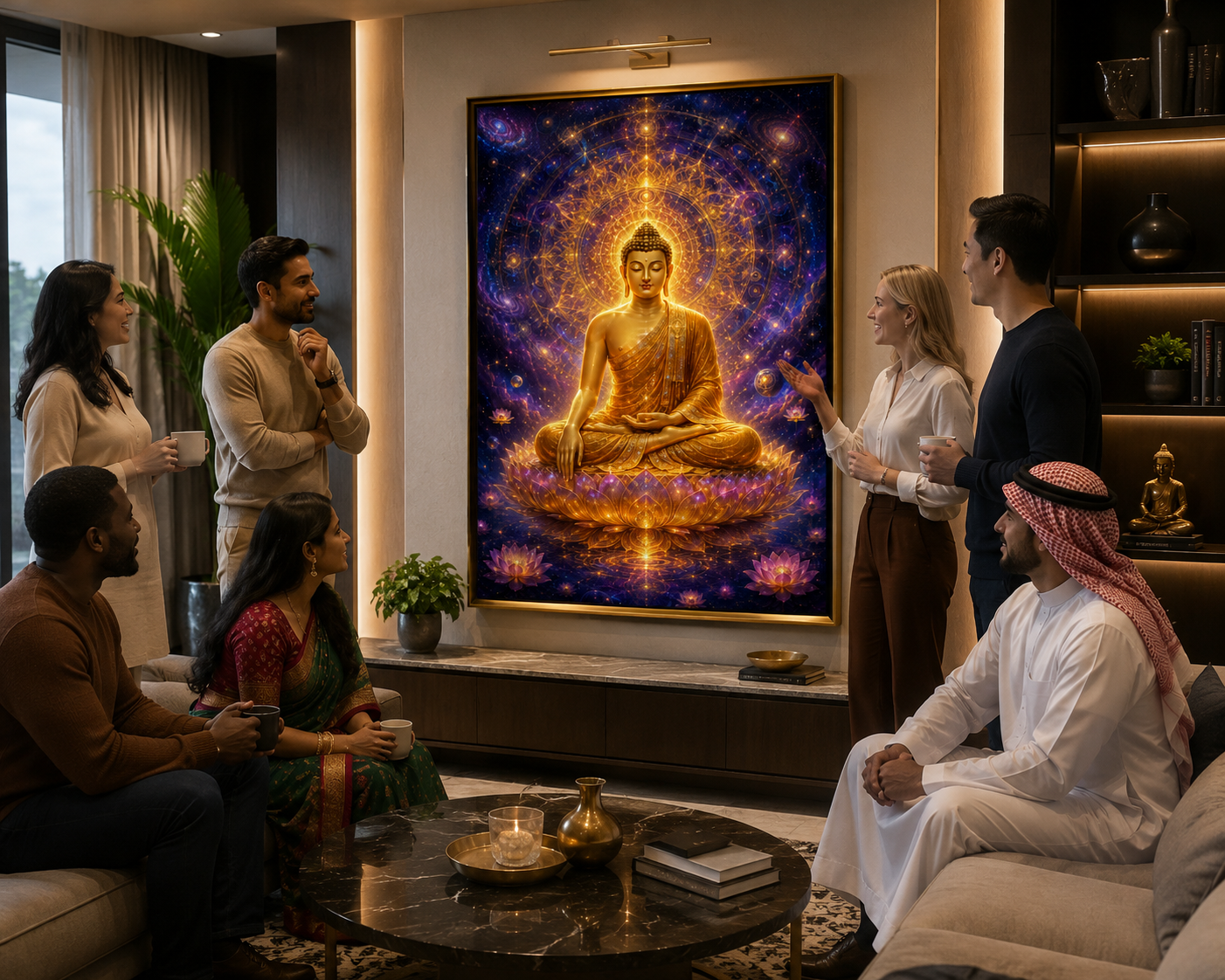 Gautama Buddha sacred wall art displayed in a contemporary living room, gold-framed above a console as guests gather around it