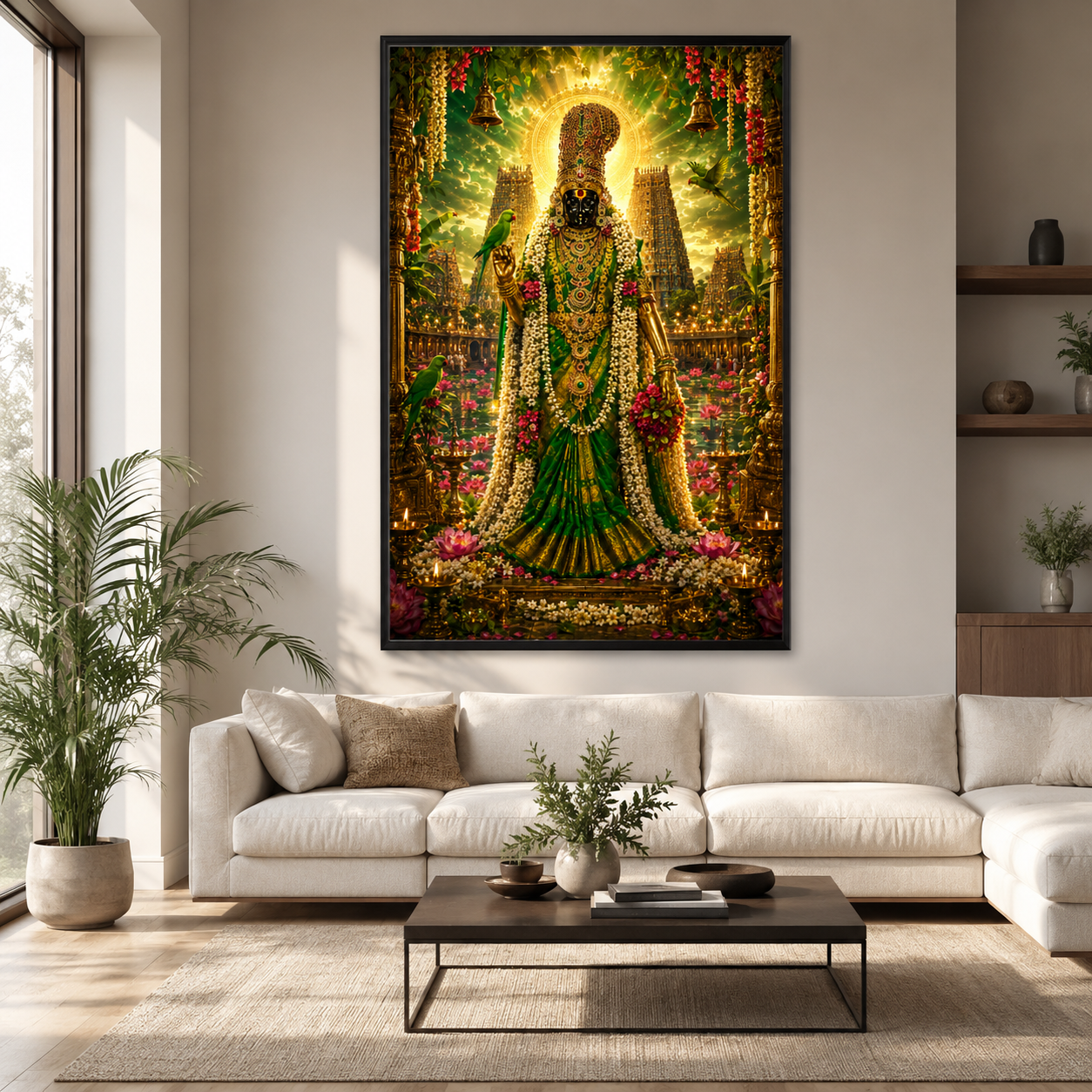 Meenakshi Amman wall art framed on a warm-toned wall in a South Indian domestic living room above a pale sofa with plants and natural light