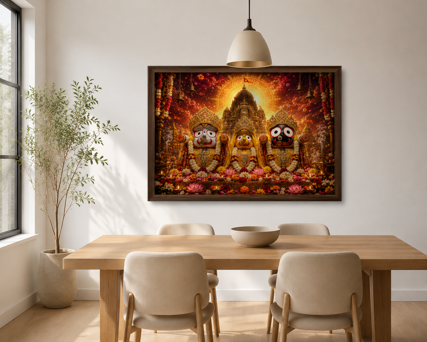 Jagannatha trinity wall art framed in a sunlit domestic dining space, its warm gold and jewel-tone palette anchoring the room