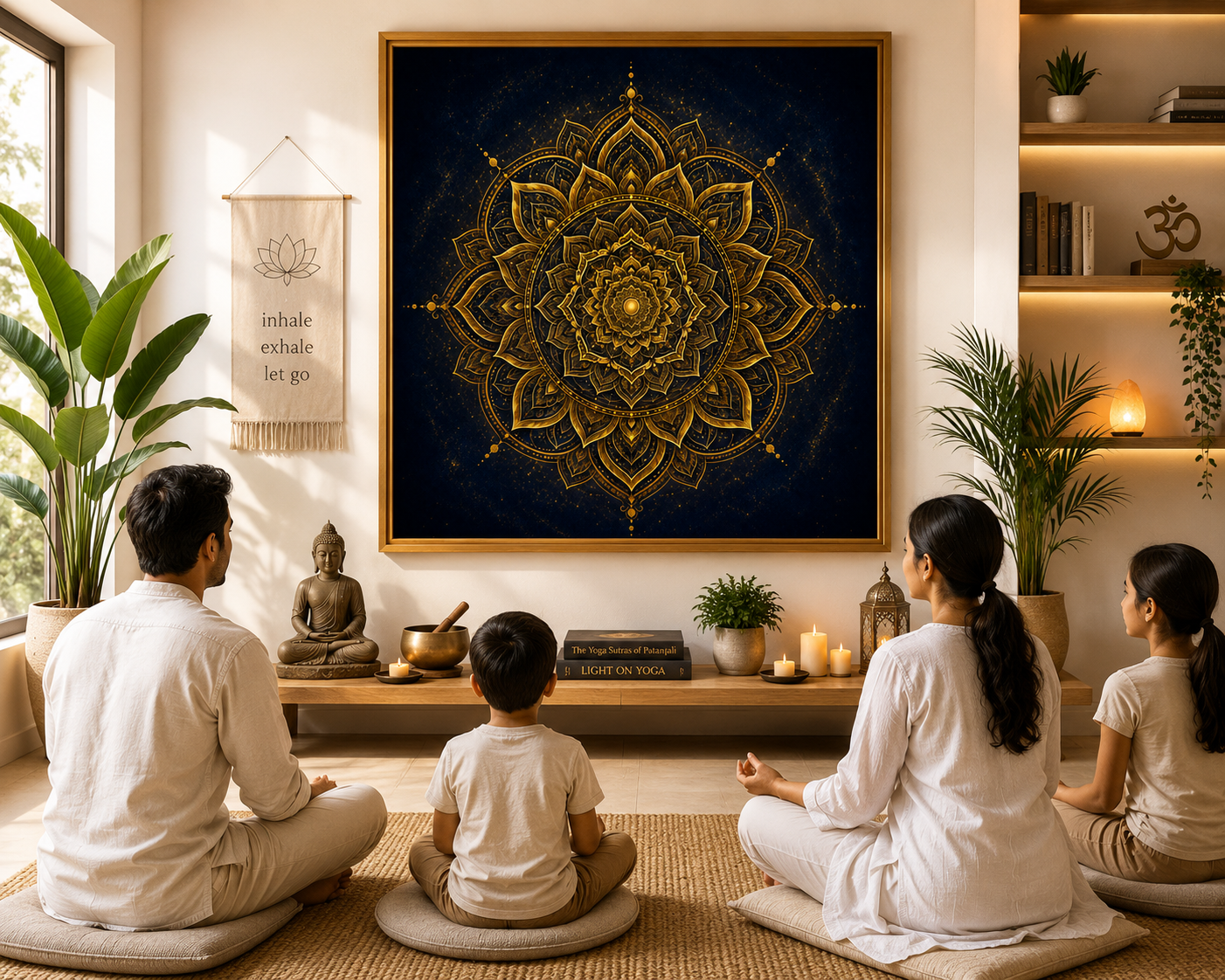 Sacred Mandala wall art displayed in a sunlit meditation room, a family seated in meditation before the framed gold mandala