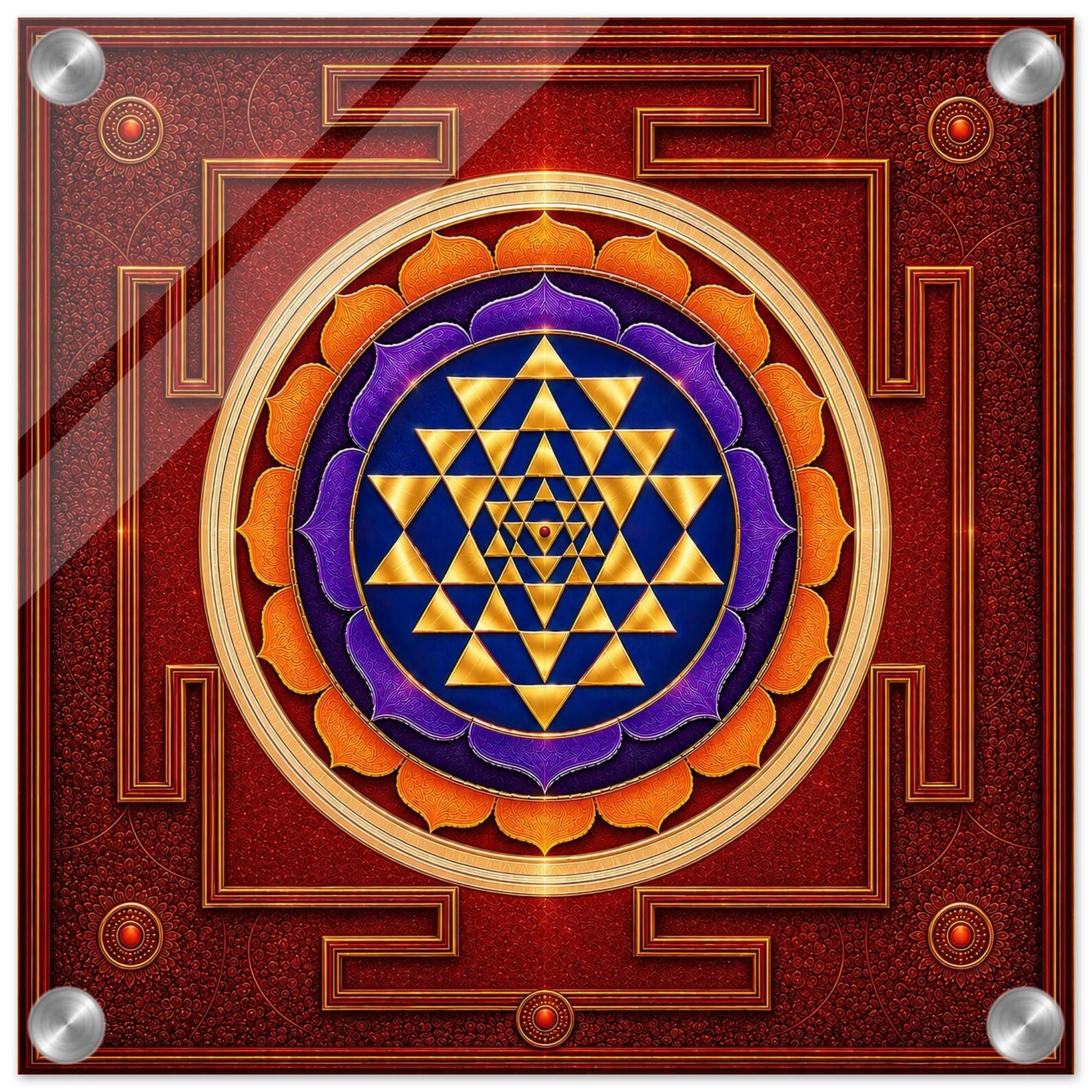 Sri Yantra acrylic print with polished steel standoff mounts