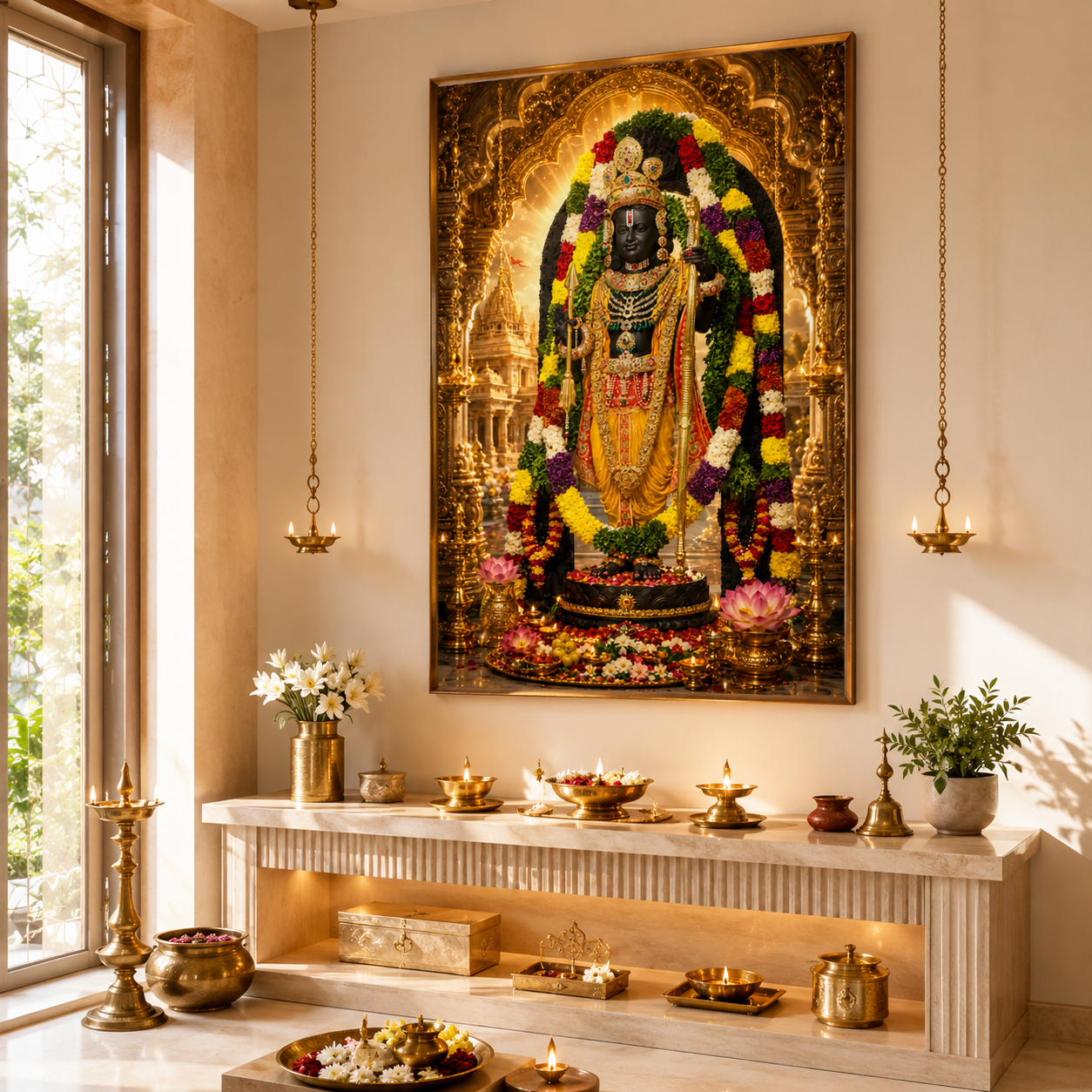 Ram Lalla wall art printed and framed above a home puja room altar with brass lamps, lit diyas, flowers and hanging oil lamps