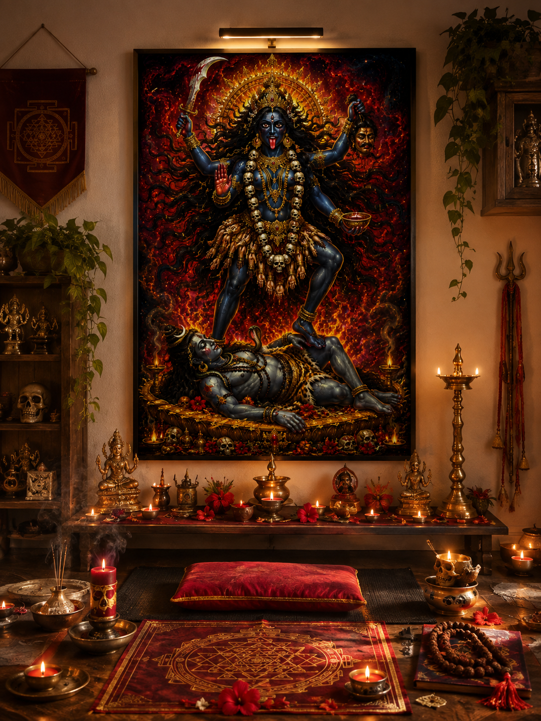Maa Kali Mahavidya wall art displayed in a dedicated Mahavidya altar and Shakta practice space, framed above a lamp-lit shrine with diyas, yantra banner and puja vessels