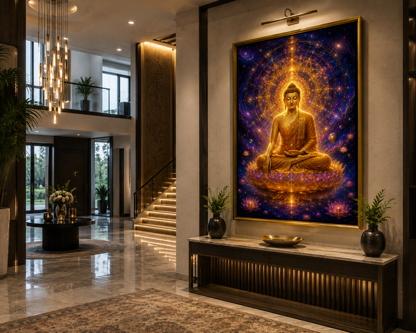 Gautama Buddha sacred wall art displayed in a large gold-framed print on a softly lit entrance wall above a console table