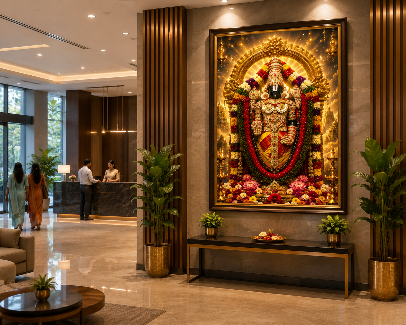 Lord Venkateswara Tirupati Balaji wall art as a grand framed statement piece in a modern luxury hotel lobby
