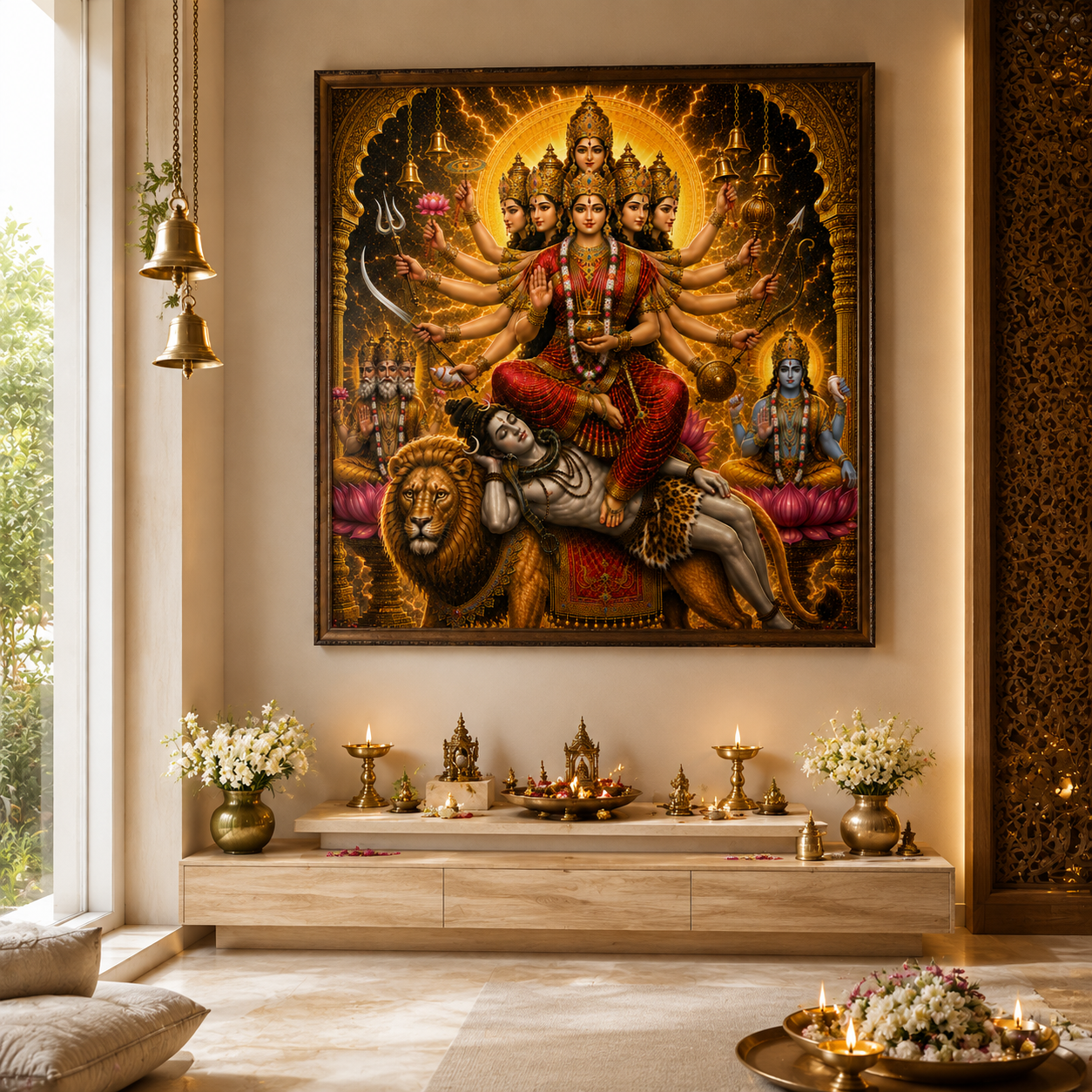 Kamakhya Devi wall art printed and framed in a Shakta puja room, hung above a dedicated goddess altar with brass lamps, bells and white flowers